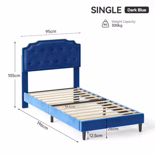 MCC Direct Chelsey Single Velvet Upholstered Bed Frame with Tufted Headboard, Blue, W/D/H: 90 x 200 cm – 2