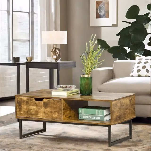 Rafaelo Mobilia Industrial Rustic Coffee Table with Drawer and Storage in Brown and Black, W: 106 cm, D: 48 cm, H: 43 cm – 1