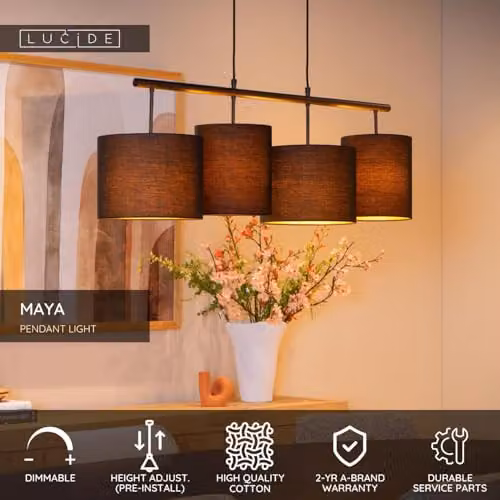 Lucide Maya Black Fabric Pendant Light, Height Adjustable, 4 x E27 – 2