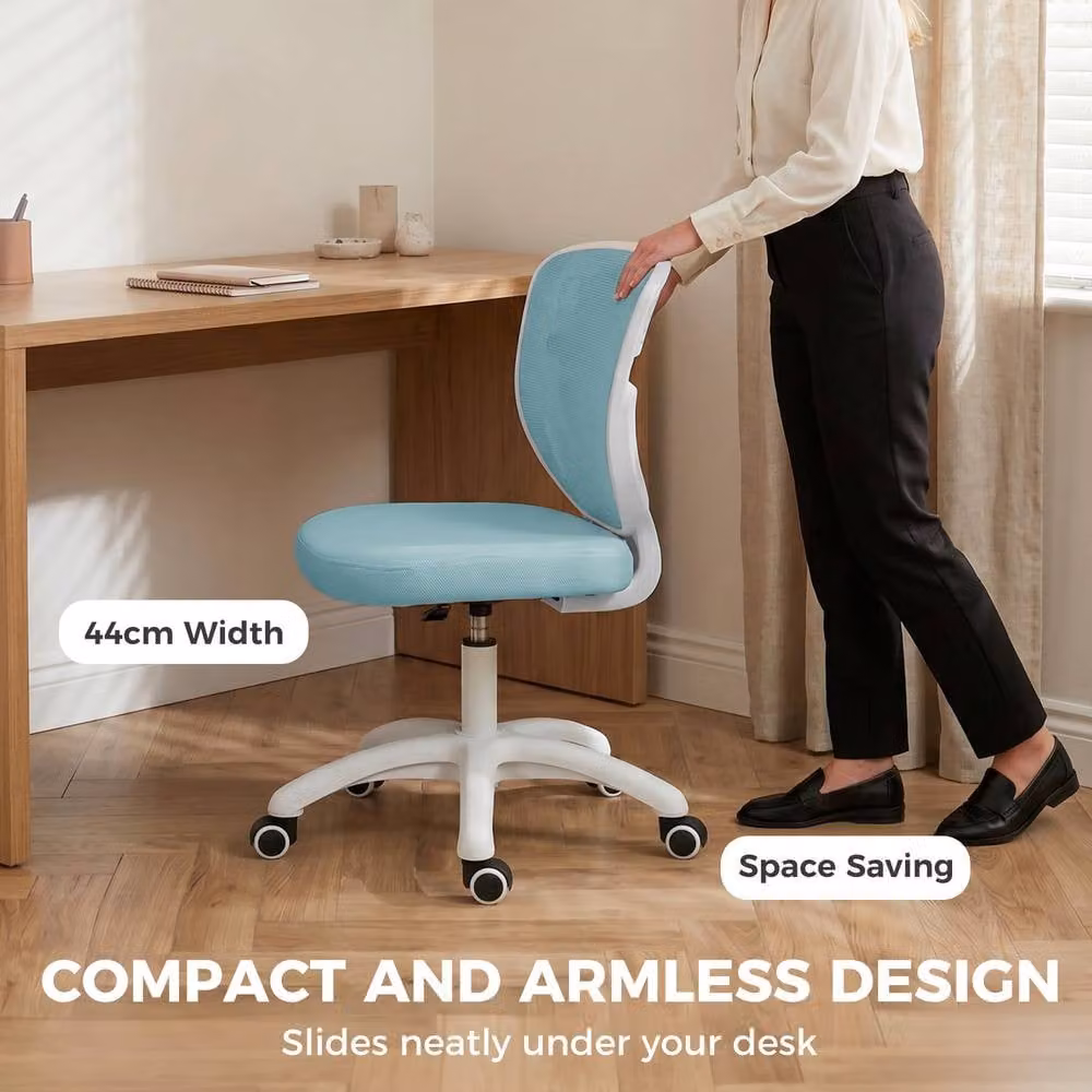 STILVORA Blue Fabric Armless Mesh Task Chair with 360 Degree Swivel and Castors, W/D/H: 44 x 43 x 120 cm – 3