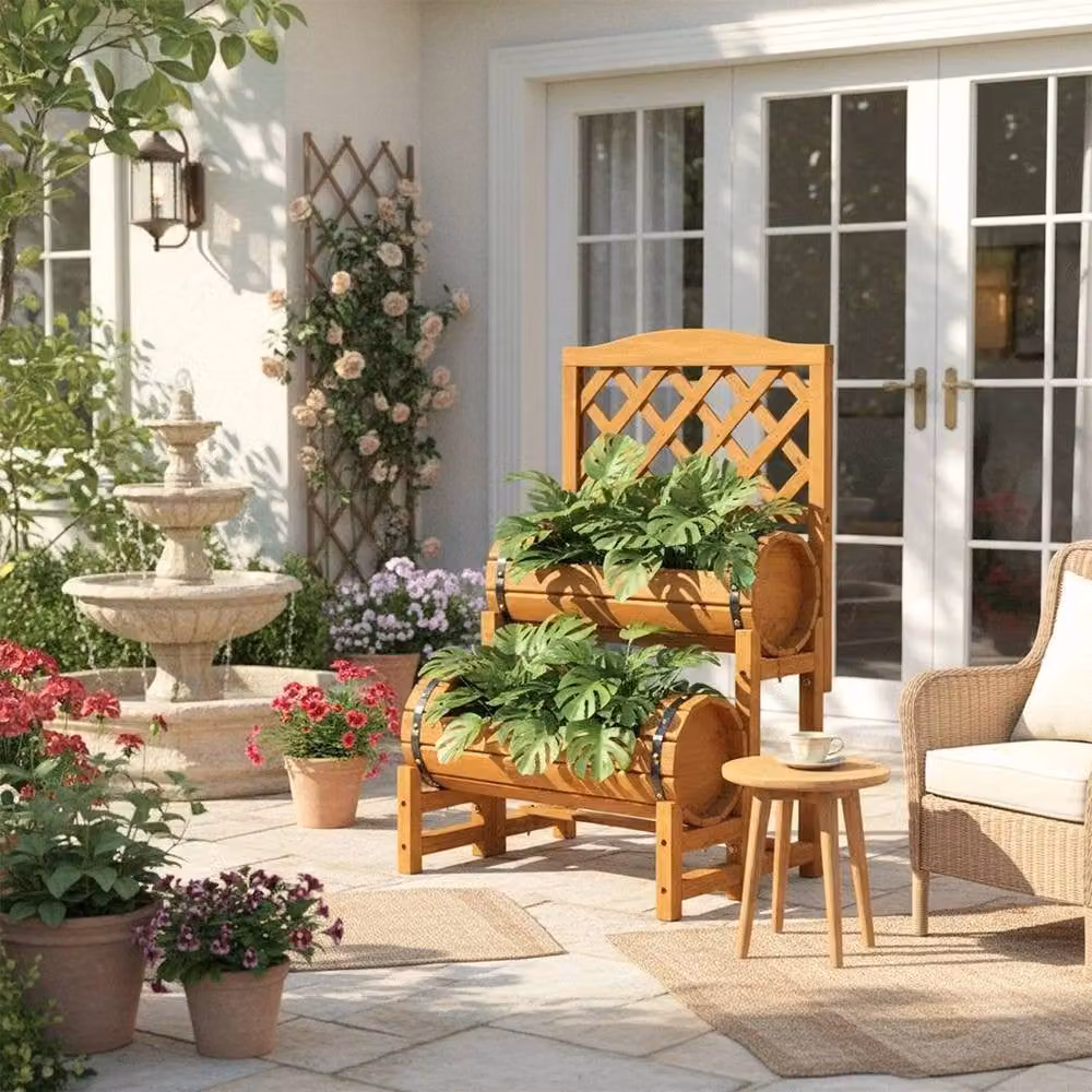 Kelvenix 2 Tier Wooden Raised Bed with Trellis Elevated Planter in Brown, W: 100 cm, D: 40 cm, H: 78 cm – 3