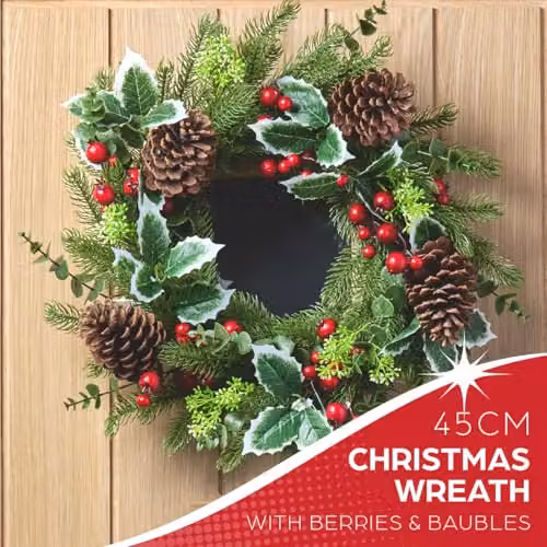 The Christmas Workshop Round Artificial Christmas Wreath with Red Baubles, Holly, Eucalyptus and Snowberries, Diameter: 45 cm – 2