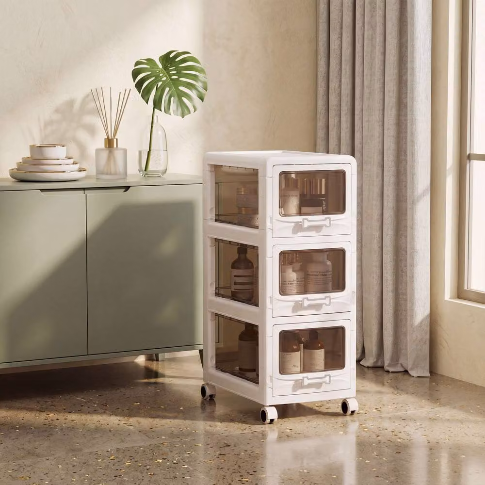 Costway 3-Tier Plastic Rolling Utility Cart with Drawers in White – 2
