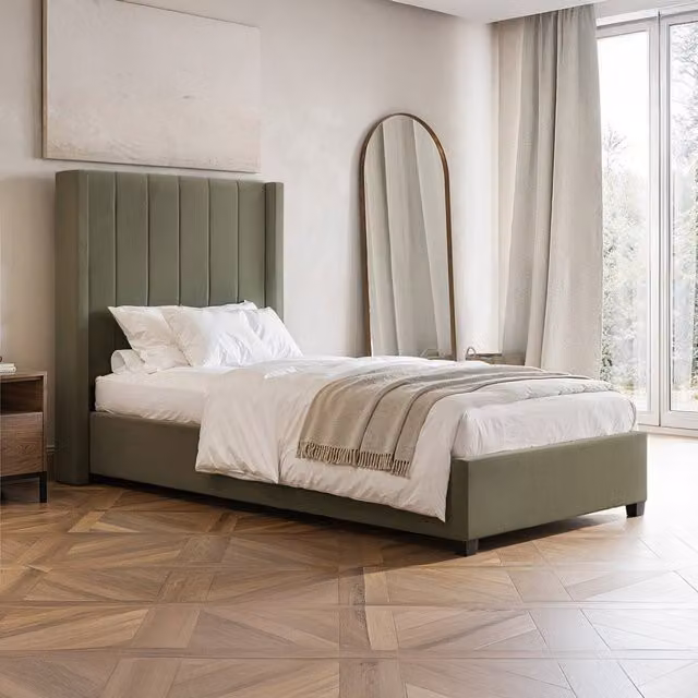 Flair Single Ottoman Bed in Green Velvet, W: 90 cm, L: 200 cm