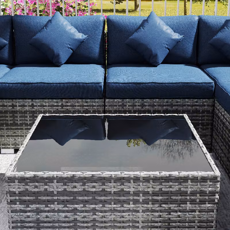 Outsunny 8 Piece PE Rattan L-Shape Corner Sofa Set with Cushions and Coffee Table, Dark Blue – 9