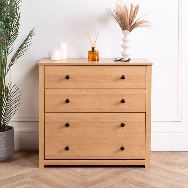 Home Treats Rustic Pine Chest of 4 Drawers with Rattan Details in Brown, White or Beige
