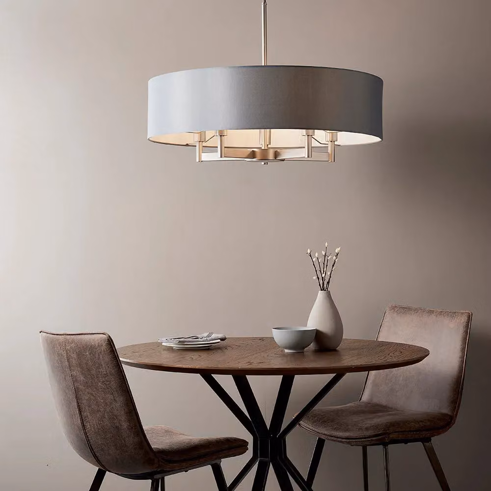 Loops Matt Nickel Multi Arm Ceiling Pendant Light with Grey Fabric Shades, 5 Bulb Hanging Fitting – 2
