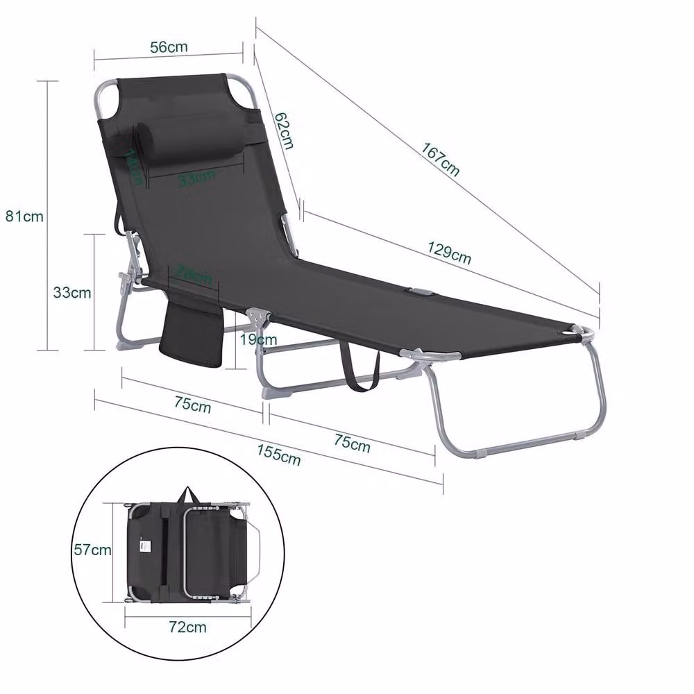 SoBuy Set of 2 Black Foldable Sun Loungers with Adjustable Headrests and Powder Coated Steel Frame – 3