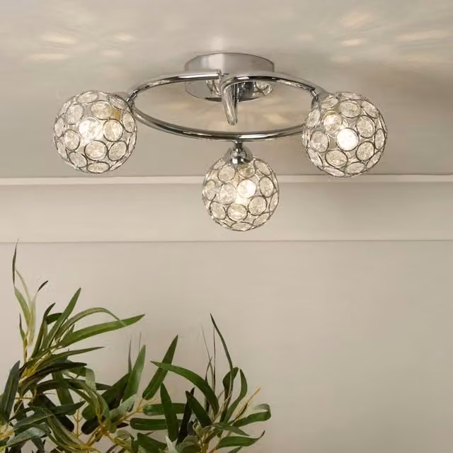 Lighting Collection 3 Light Chrome Ceiling Light in Silver with Transparent Glass Spheres