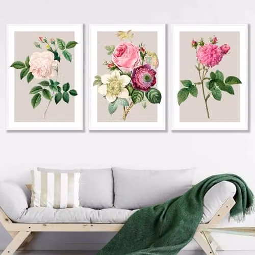 ARTZE Set of 3 Vintage Summer Floral Rose Paper Posters in Pink, White and Beige, W: 29.7 cm, H: 42 cm – 1
