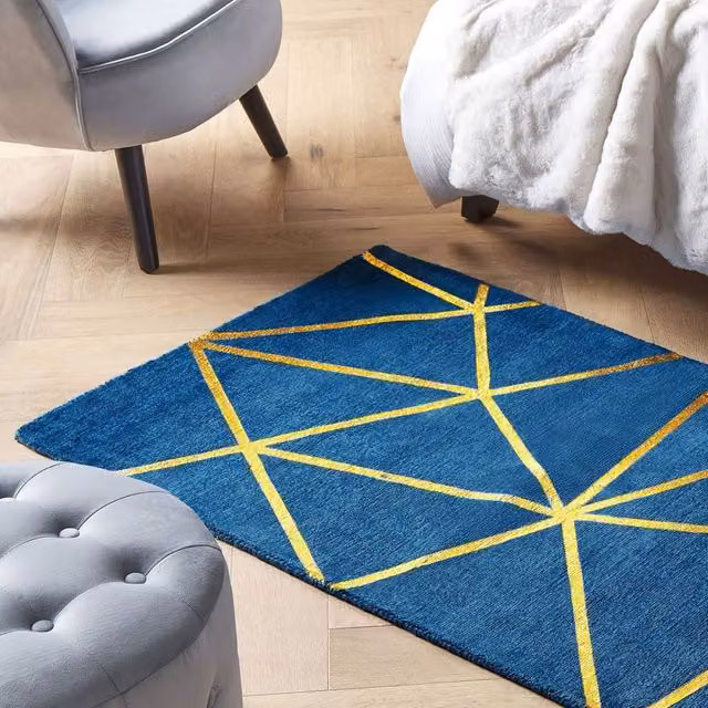 Wyld and Coco Handloomed Blue and Gold Geometric Area Rug, W: 80 cm, L: 150 cm