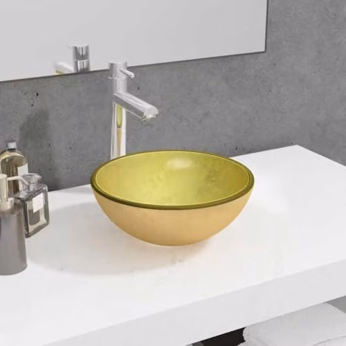 vidaXL Round Tempered Glass Basin in Gold, W: 30 cm, D: 30 cm, H: 12 cm – 2