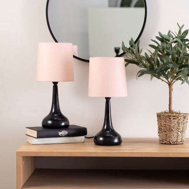 ValueLights Teardrop Pair of Black Touch Table Lamps with Pink Fabric Shades