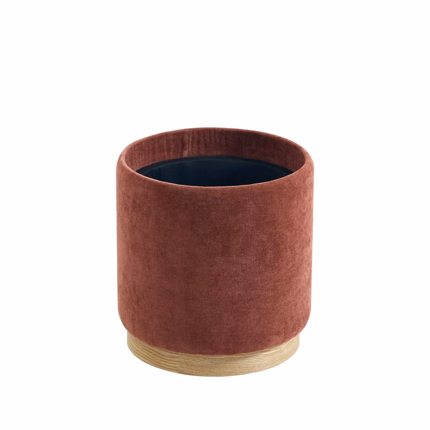KEMI Red Velvet Cylindrical Storage Pouf with Brown Wooden Base – 6