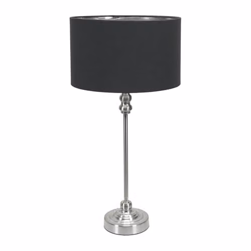 ValueLights Maggie Chrome Candlestick Table Lamp with Black Fabric Drum and Chrome Inner Shade – 1