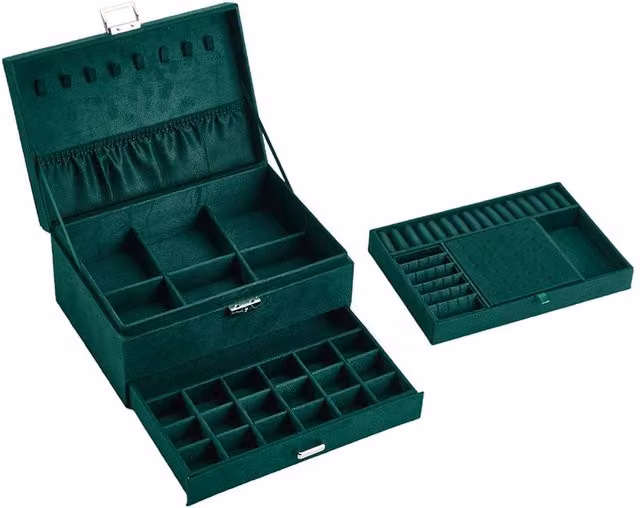 Garden Sanctuary 3-Tier Dark Green Velvet Jewellery Box with Lock, W: 24.0 cm, D: 11.0 cm