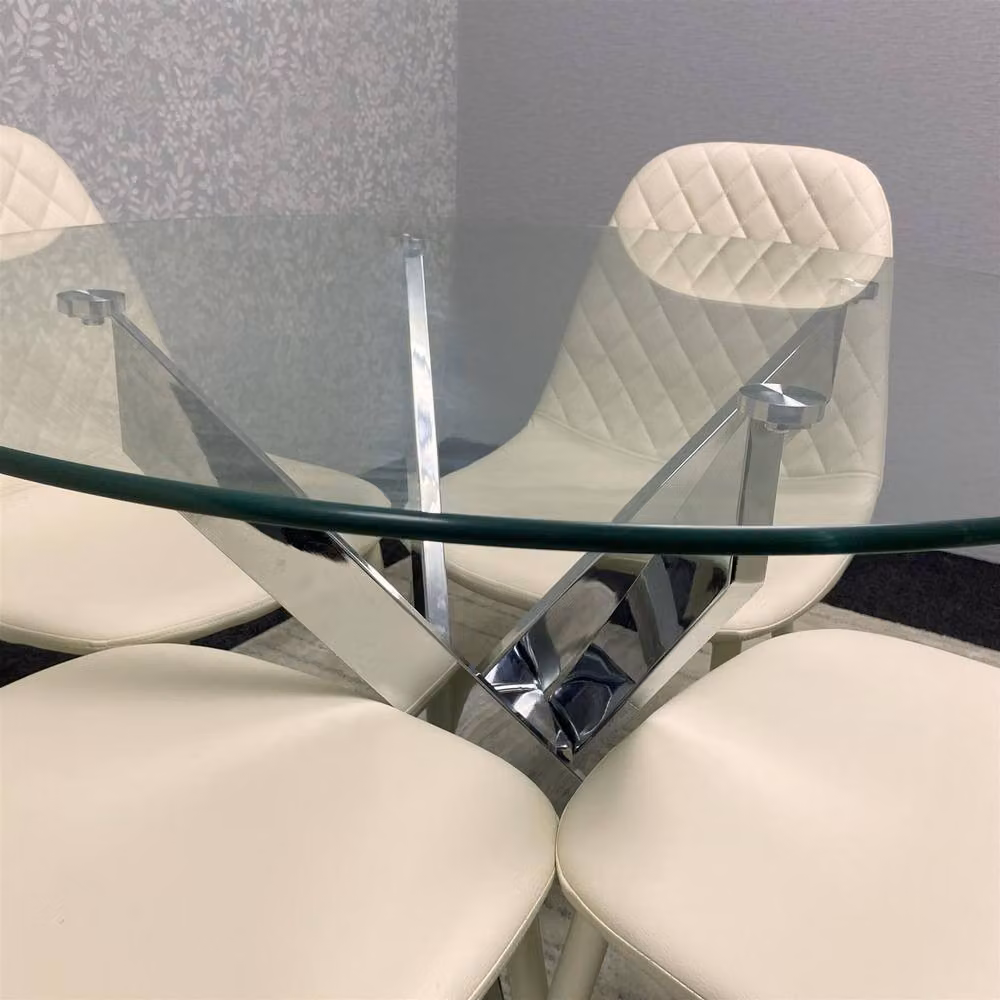 KOSY KOALA Modern Round Glass Dining Table Set with 4 Beige Geometric Pattern Chairs, Diameter: 90 cm, Height: 75 cm – 2