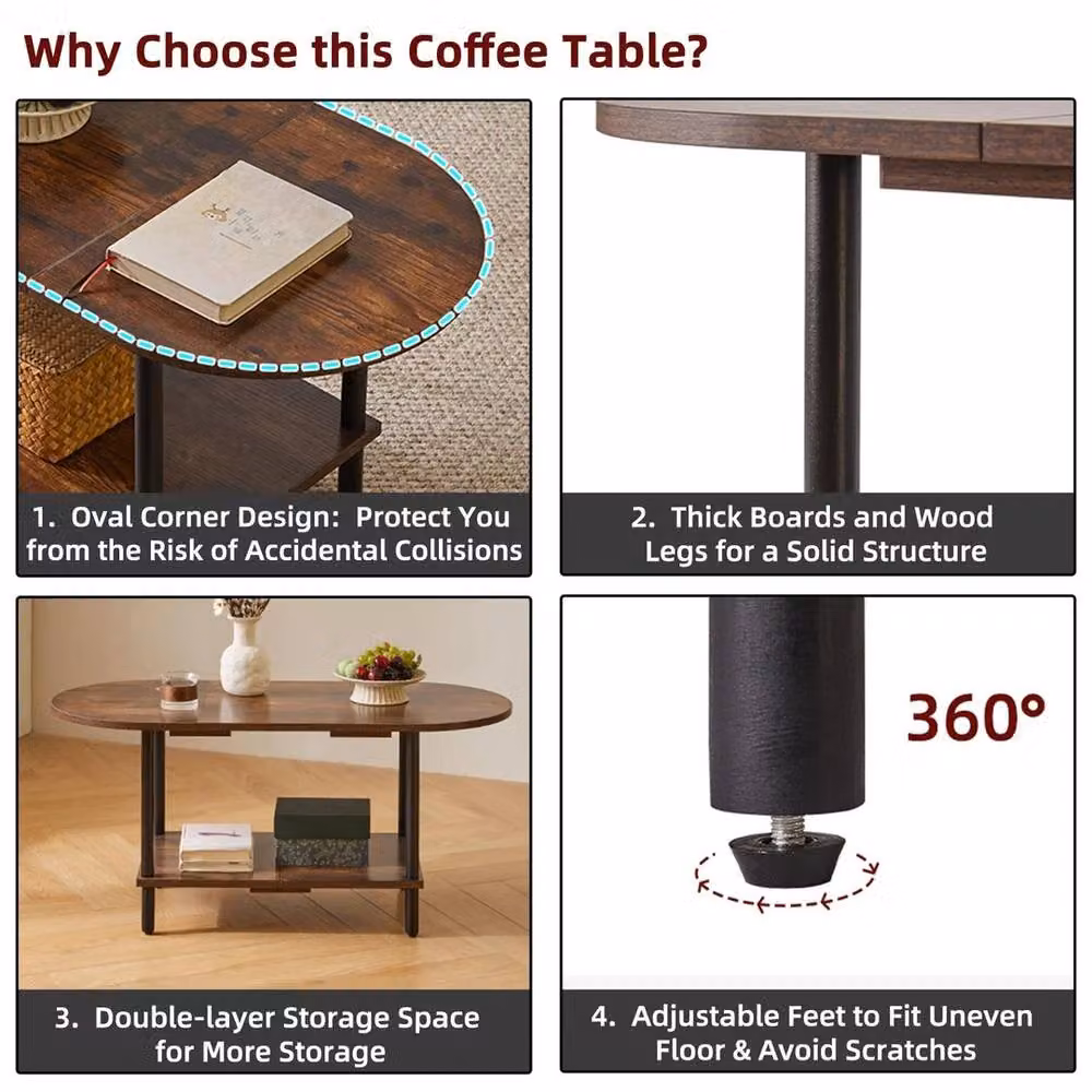 FORGEVIO Oval Small Coffee Table in Brown, W: 88.9 cm, D: 43.18 cm, H: 40.64 cm – 4