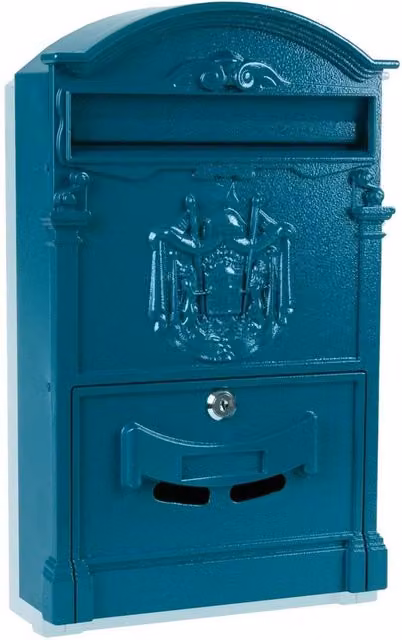 NESTLUNE Blue Vintage Outdoor Lockable Wall Mounted Letterbox, H 41.0 cm x W 25.0 cm x D 7.5 cm