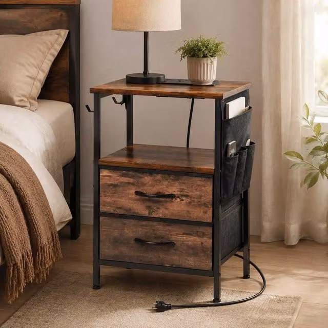 STILVORA Rustic Brown Bedside Table with Charging Station and Storage