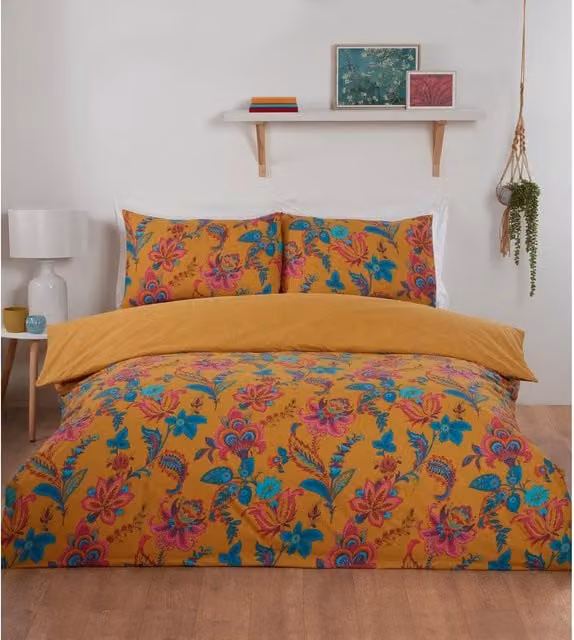 Divante Reversible Floral Ethnic Duvet Set, Yellow, W: 180 cm x L: 200 cm