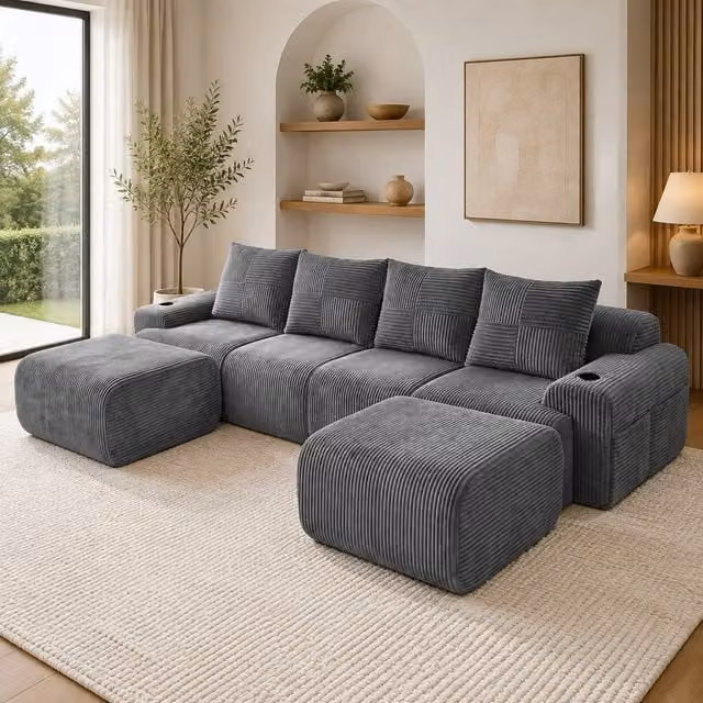 STILVORA 4-Seater Modular U-Shape Sofa in Grey with Cup Holders and Reversible Cord Fabric, W: 333 cm, D: 174 cm, H: 80 cm – 1