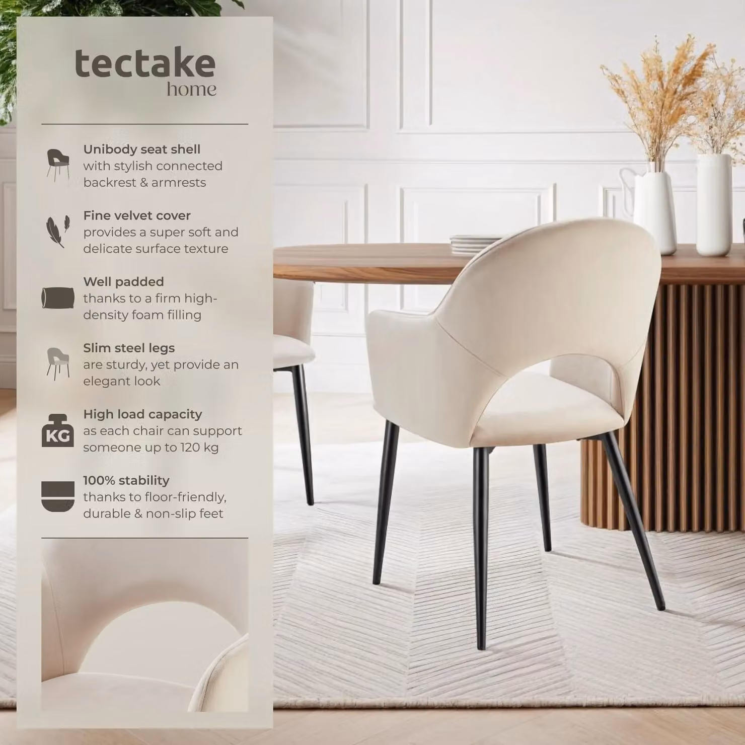 tectake Sasha Set of 6 Modern Dining Chairs in Cream Velvet with Oak Frame – 2