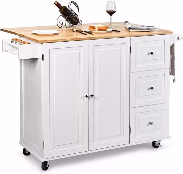 Costway Kitchen Storage Trolley Cart with 3 Drawers and Rubberwood Shelves in White and Multicolour