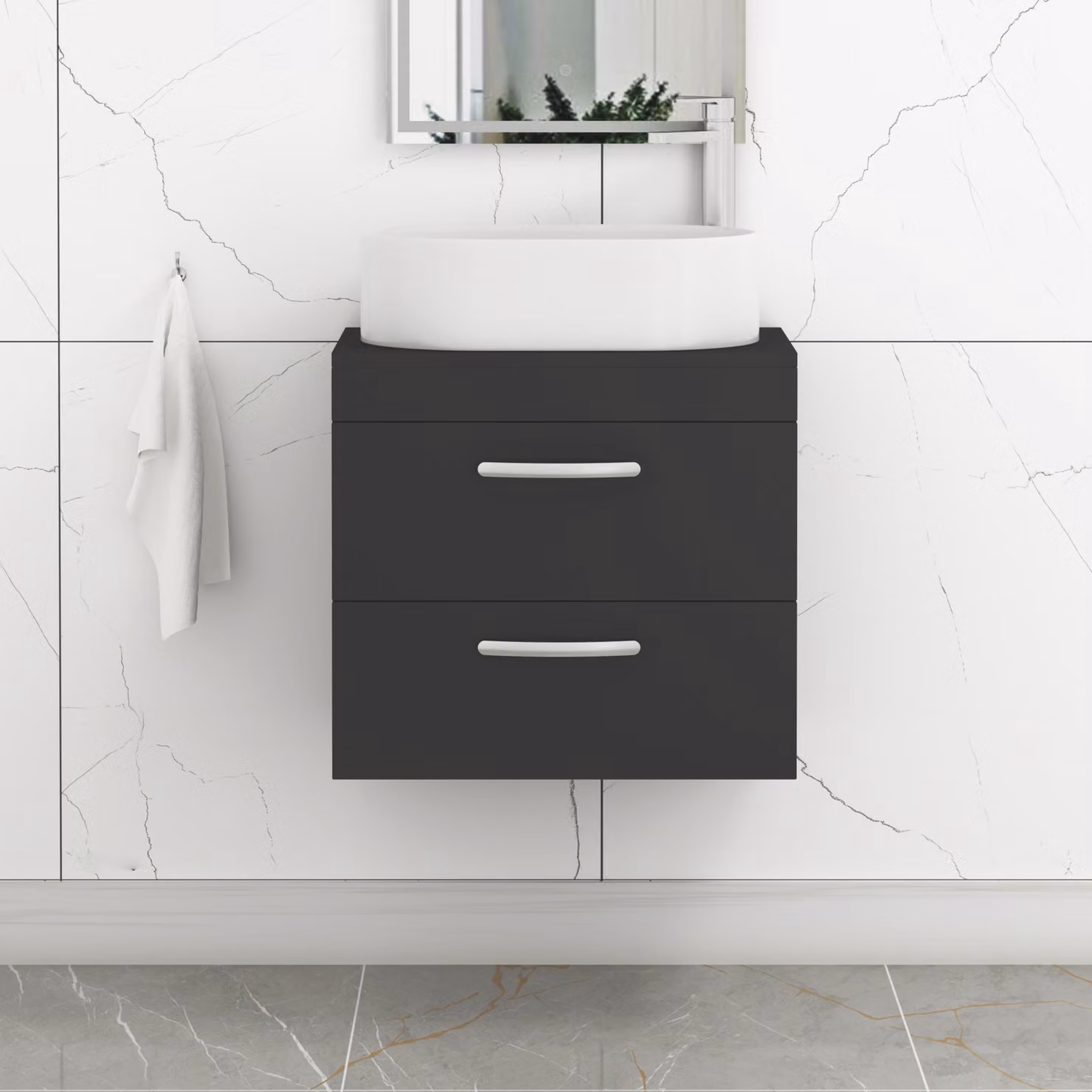 Royal Bathrooms Turin 800mm Wall Hung Vanity Unit with 2 Drawers and Countertop Basin in Matt Black