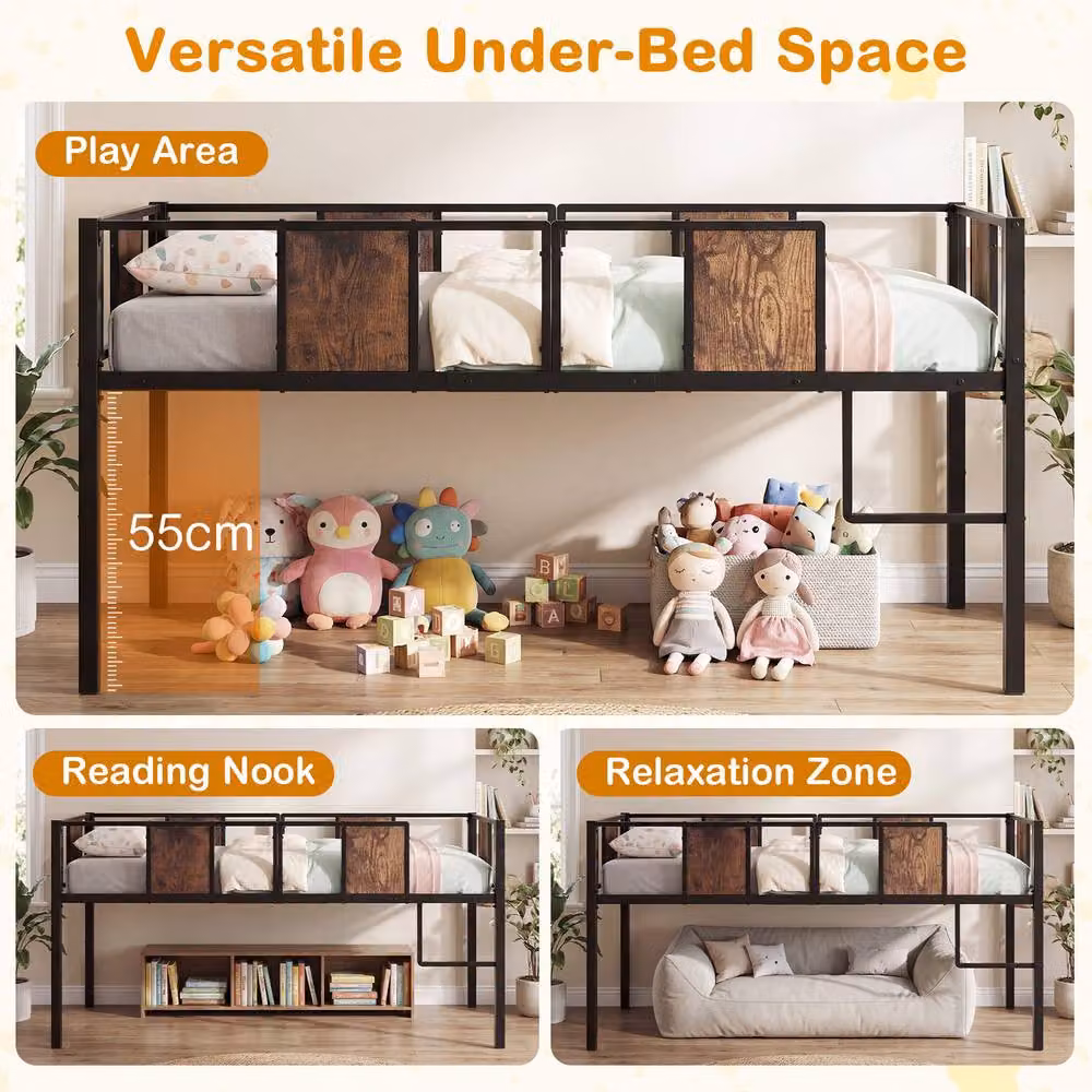 Costway Single Kids Low Loft Bed with Ladder and Guardrail in Brown Metal – 6