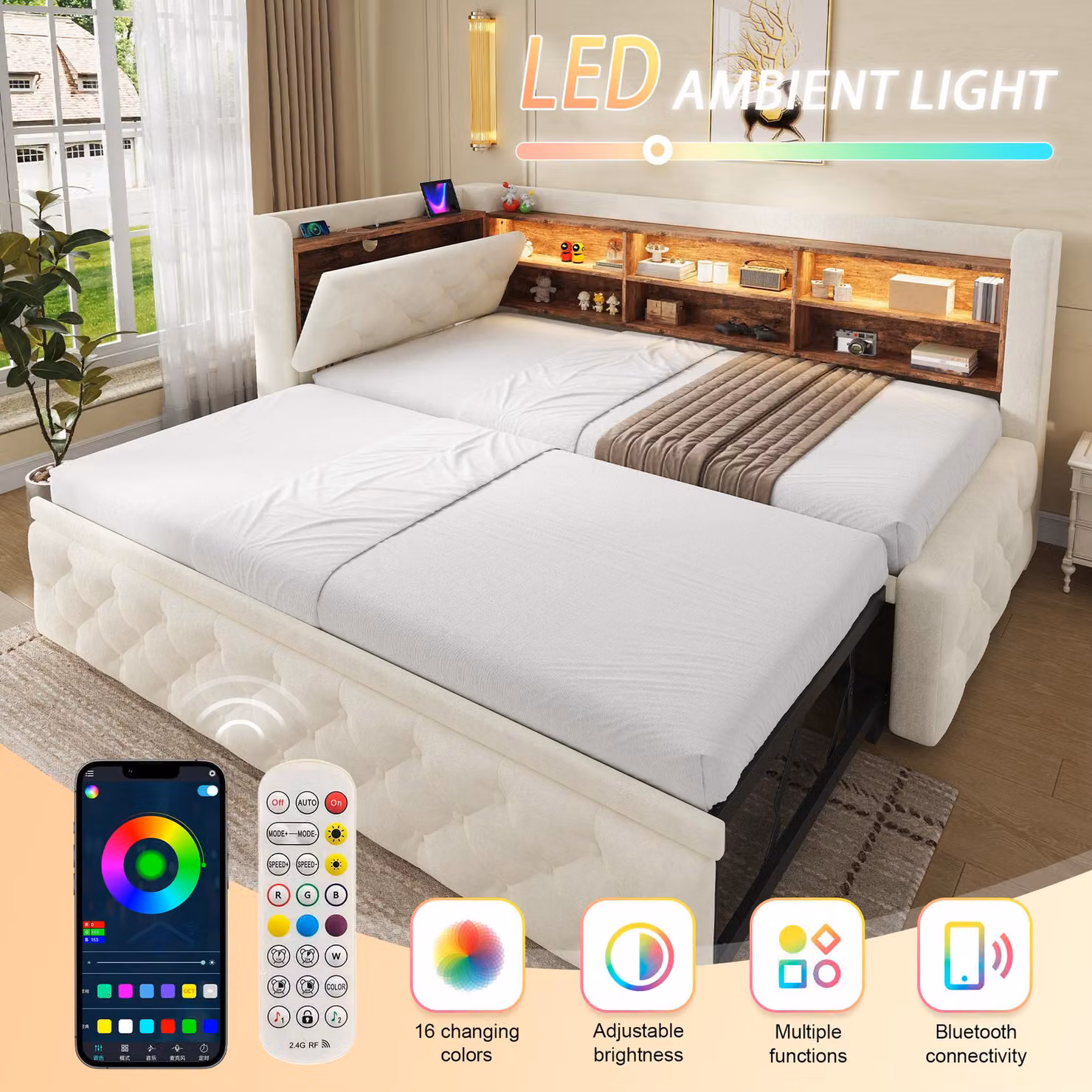 Aosom UK Beige Velvet Pull-Out Sofa Bed Frame with Wooden Headboard Shelf, LED Lighting and USB Charging, W/D/H: 211 x 91 x 84 cm – 4