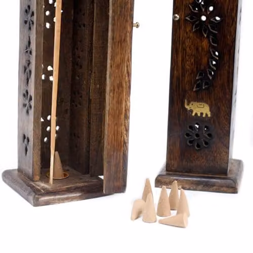 KDMD Square Tabletop Incense Tower with Brass Inlay in Brown Mango Wood – 2