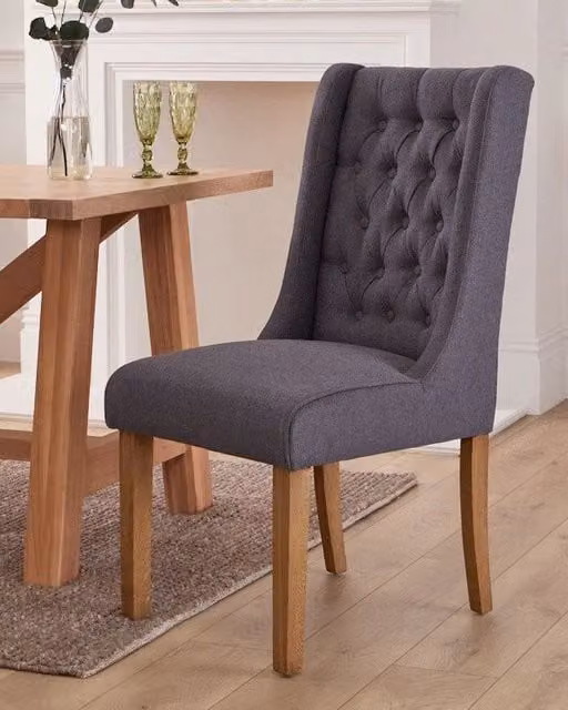 Dibor Cannes Button Back Dining Room Chair in Charcoal and Brown Fabric with Wood Details