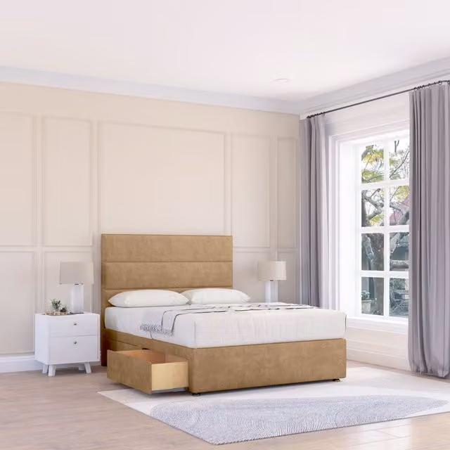 Sloomy Texas Small Double Divan Bed Base with 26 inch Struts Headboard in Light Brown