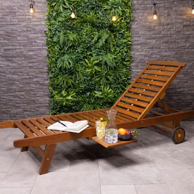 Charles Bentley FSC Acacia Wooden Reclining Sun Lounger with Pull Out Tray in Natural Brown