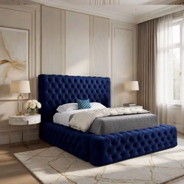 KDMD Lockerbie Blue Velvet Pleated Upholstered Chesterfield Bed Frame, W/D/H: 90 x 200 x 137 cm – 1