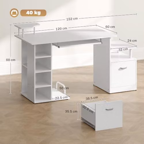 HOMCOM Modern Computer Desk in White and Silver, W/D/H: 120 x 60 x 76 cm – 3