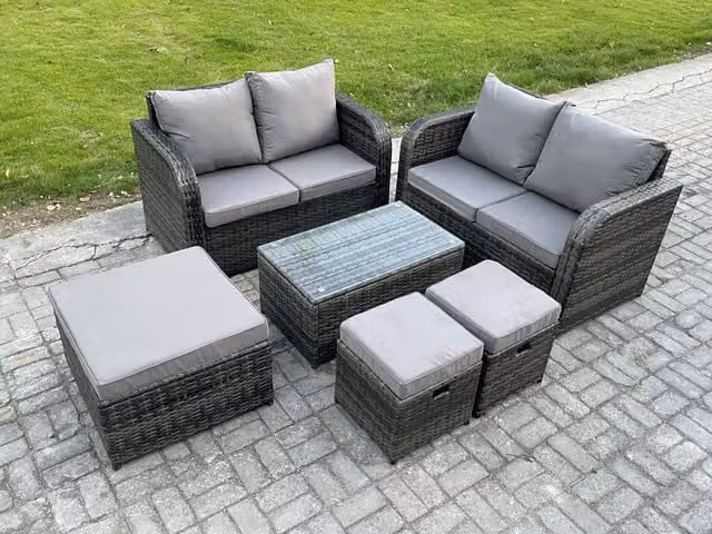 Fimous 7 Seater Rattan Garden Furniture Set in Dark Grey with Upholstered Cushions, Coffee Table and 3 Ottomans