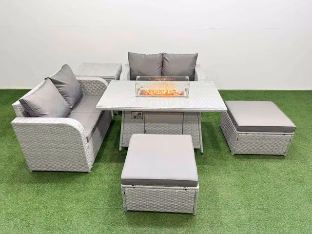 Fimous 6 Seater Rattan Garden Furniture Set with Firepit Dining Table, 2 Footstools and Side Table in Light Grey