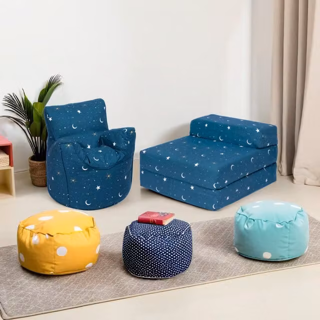 Ready Steady Bed Moonlight Printed Kids Bean Bag Armchair and Folding Z Bed Mattress in Turquoise and Blue Abstract Polyester Fabric