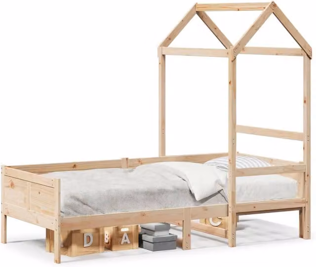 Berkfield Home Solid Wood Day Bed with Roof in Beige, W/D/H: 80 x 200 cm