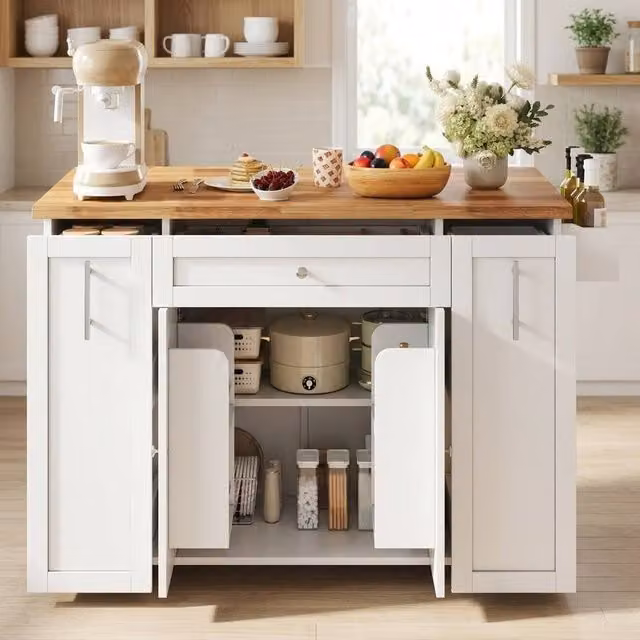 STILVORA White Modern Kitchen Island Cart with Foldable Wood and MDF Countertop