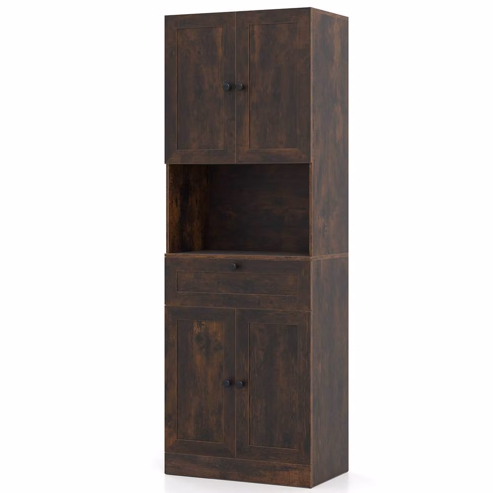 Costway Modern Wooden Bathroom Cabinet in Brown with 4 Doors and 1 Drawer – 3
