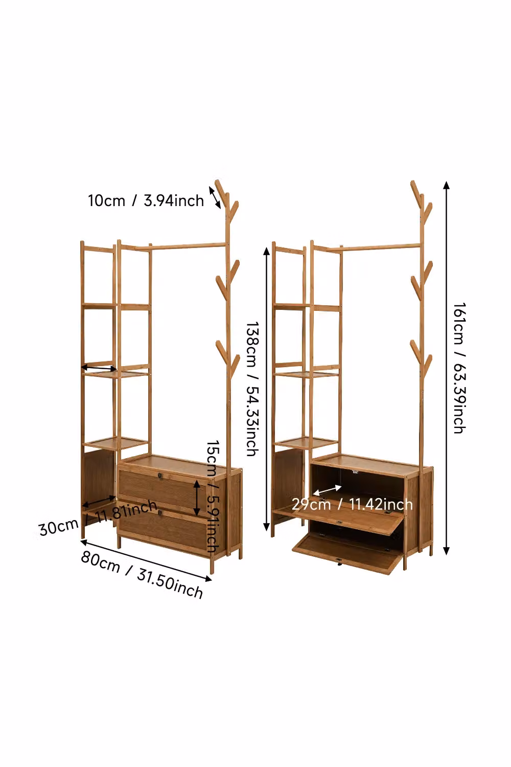 Living and Home Freestanding Bamboo Clothes Rack with Storage Shelves in Brown – 2