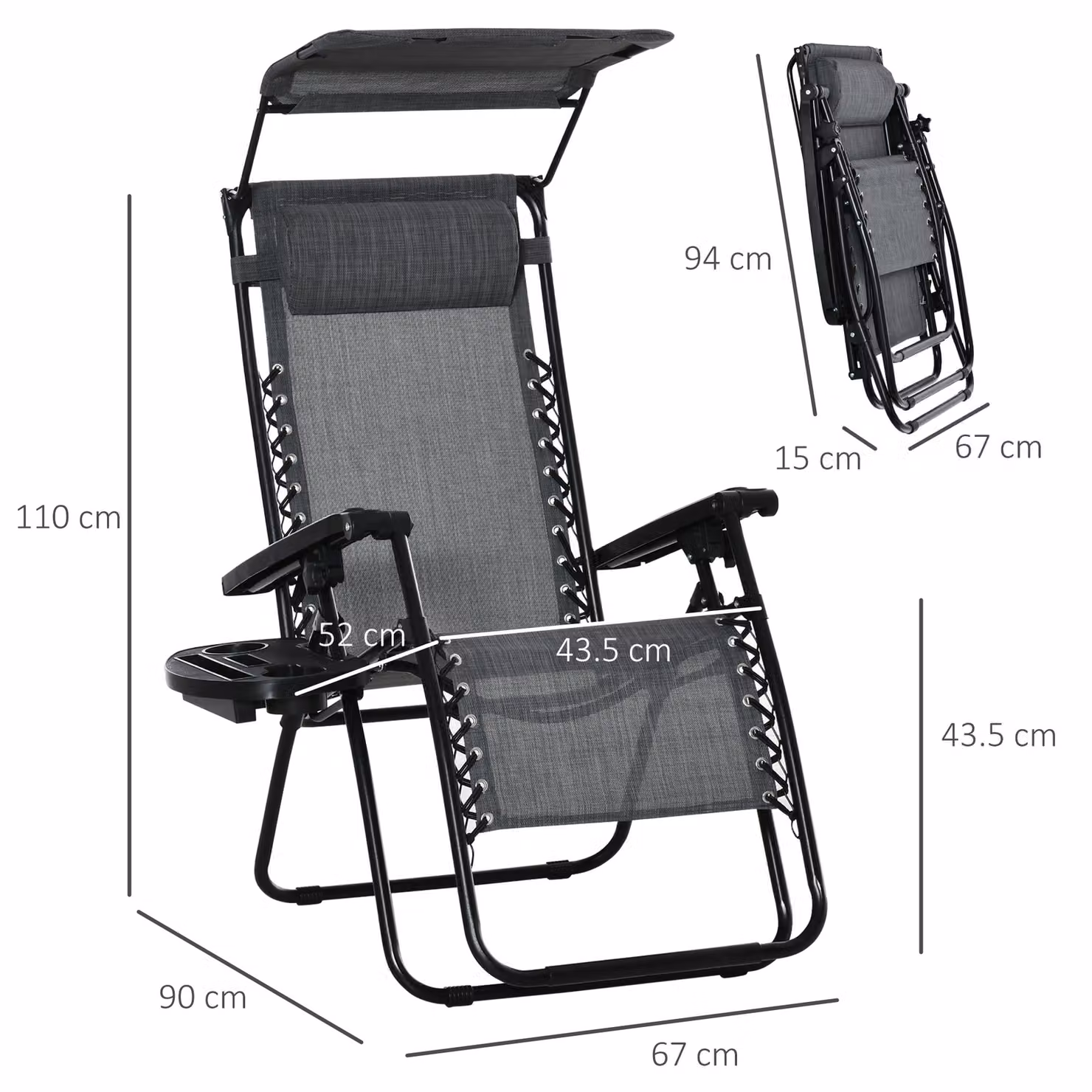 Outsunny 2 Piece Foldable Zero Gravity Reclining Garden Sun Lounger Set with Canopy, Adjustable Headrest and Side Tray, Light Grey – 3