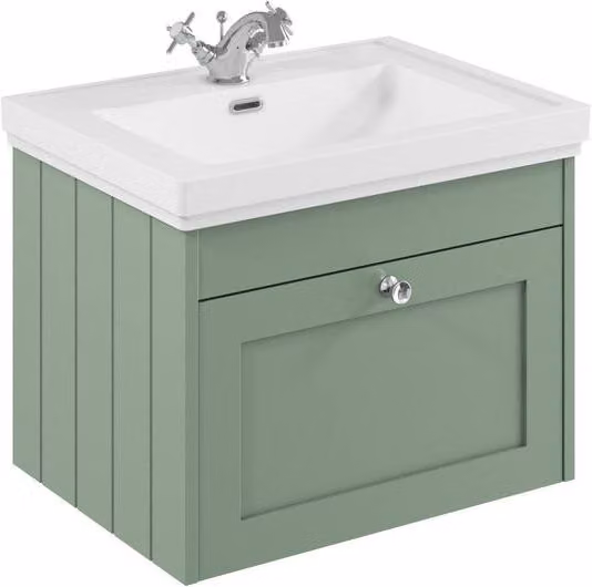 Balterley 600mm Wall Hung 1 Drawer Unit and Classic Basin with 1 Tap Hole in Satin Green – 1