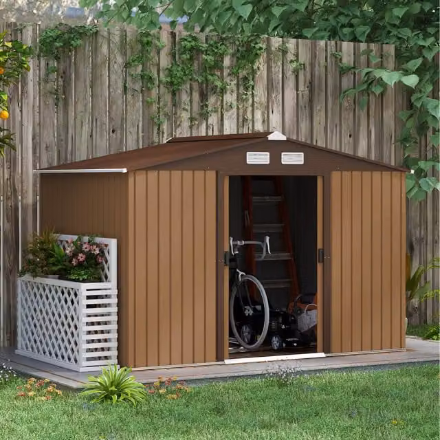 Outsunny Metal Garden Storage Shed with Double Doors, Light Brown