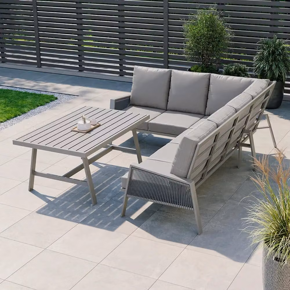 Modish Furnishing Sicily 6 Seater L-Shape Corner Sofa and Dining Set with Light Grey Aluminium Frame and Beige Cushions – 2