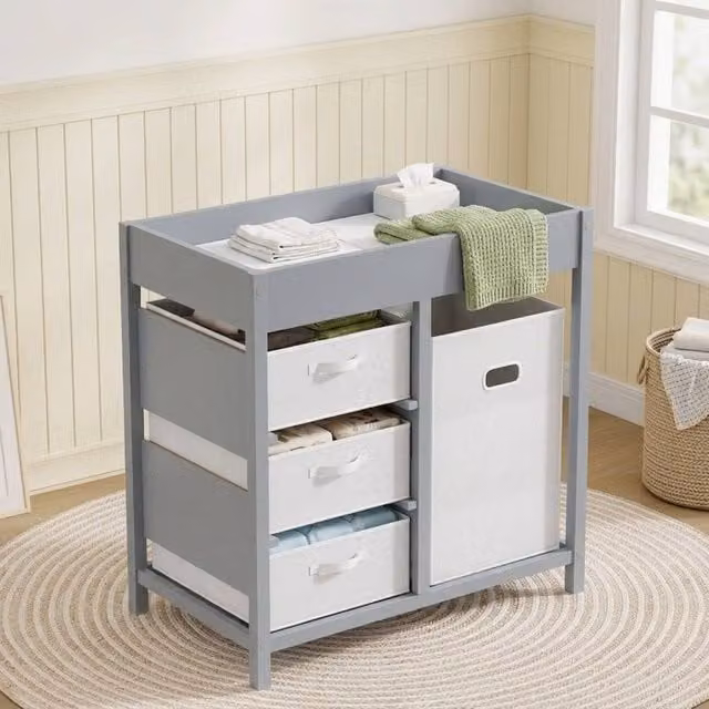 STILVORA Modern Grey Changing Table with 4 Drawers and Removable Padded Mat – 1