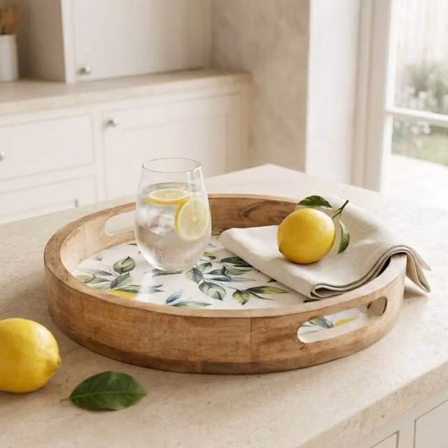 Madison & Mayfair Mango Wood Lemon Print Round Tray in Brown, Diameter: 30 cm – 1
